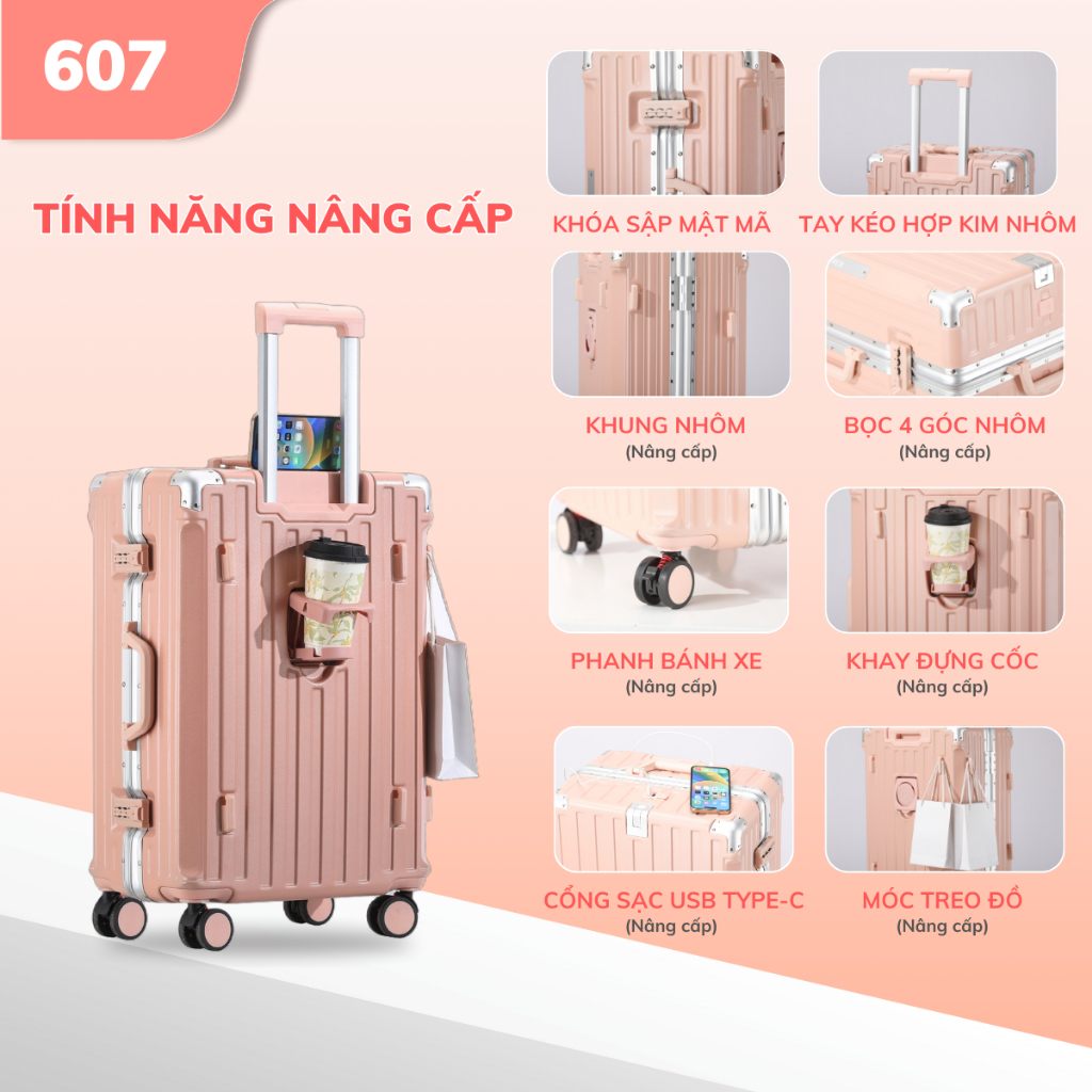 Ảnh Vali khung nhôm cao cấp Kingsun KS-607 (Khay đựng nước+Móc treo đồ+Bánh xe giảm xóc), Bảo hành 5 năm 2