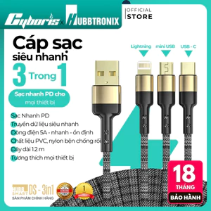 Cáp sạc nhanh 3 trong 1 HUBBTRONIX DS-3in1 – USB-A to Lightning, Micro USB, USB-C, siêu tốc dài 1.2m
