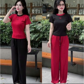 Đồ bộ nữ ngắn tay mùa hè ,Bộ Thun Nữ quần ống suông MIN MIN size 40-60 kg, chất thun tăm mềm mại co dãn mặc thoải mái