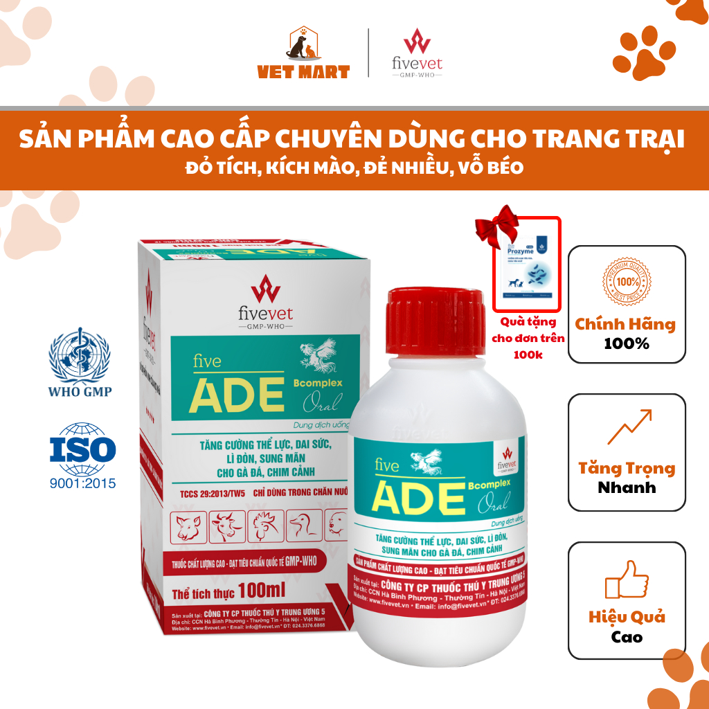 Five-ADE.BComplex.Oral Đỏ Tích, Kích Mào, Đẻ Nhiều, Tăng Trọng, Sung Mãn Cho Gà Đá, Chim Cảnh(100ml)