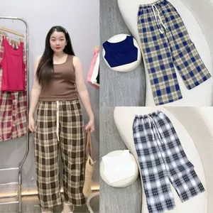 Set Đồ Bigsize Nữ Áo Ba Lỗ Kèm Quần Suông Kẻ Caro Phong Cách Năng Động Thể Thao SET976