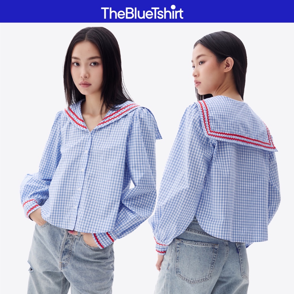 Ảnh TheBlueTshirt - Áo kiểu kẻ sọc caro cổ thuỷ thủ viền ren zigzag cho nữ - School Girl Shirt - Women 1