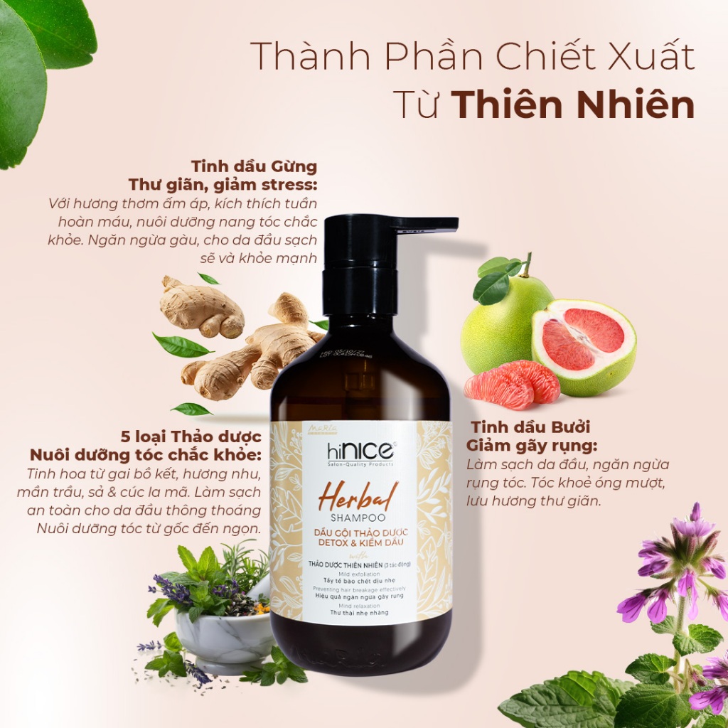 Ảnh Cặp Dầu Gội Xả Thảo Dược Kiềm Dầu Detox Da Đầu hiNICE Herbal Shampoo 4