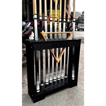 Giá để cơ bida, Giá đỡ gậy bida - đựng 10 gậy/12 gậy và 1 khay khuôn xếp bi chất liệu gỗ đẹp phủ sơn chống oxi hóa