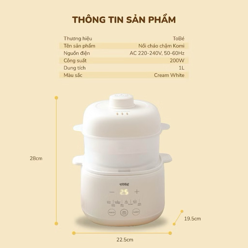 Nồi Nấu Cháo Chậm Komi TOBE 1L, An Toàn 8 Chế Độ, Giữ Nhiệt 8h, Bảo hành 1 năm