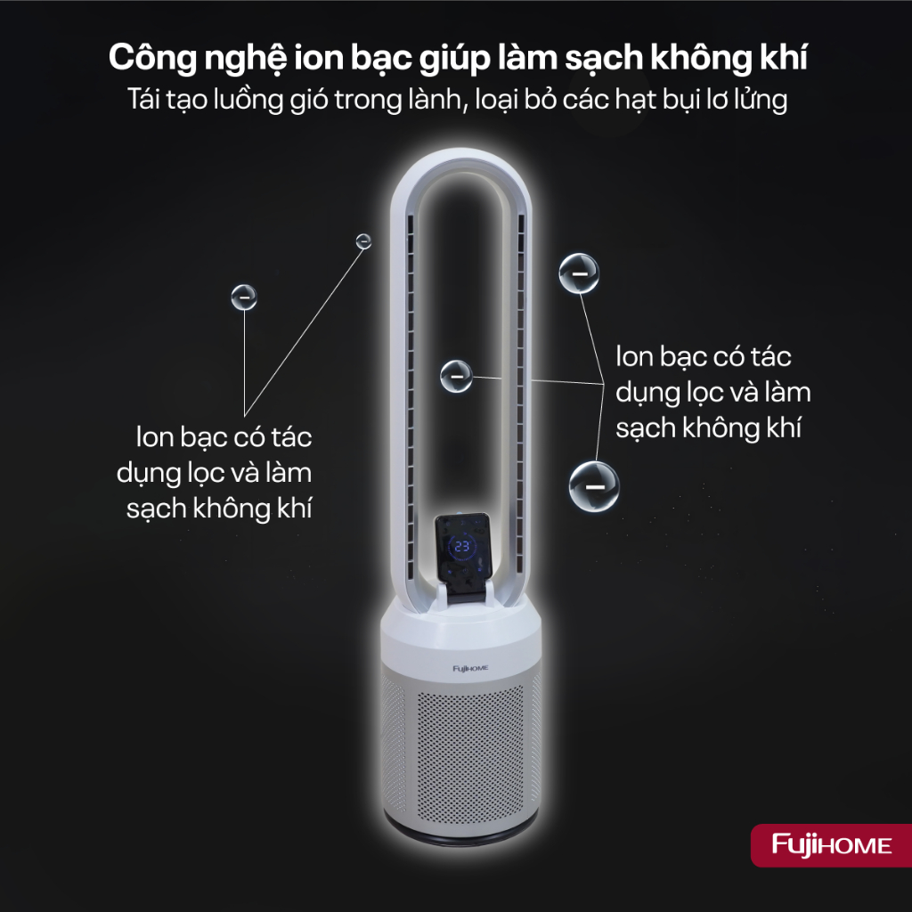Quạt tháp không cánh Nhập Khẩu FUJIHOME BF308DC, Quạt trụ đứng lọc không khí ION bạc - động cơ DC tiết kiệm điện