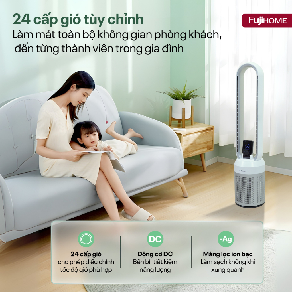 Quạt tháp không cánh Nhập Khẩu FUJIHOME BF308DC, Quạt trụ đứng lọc không khí ION bạc - động cơ DC tiết kiệm điện
