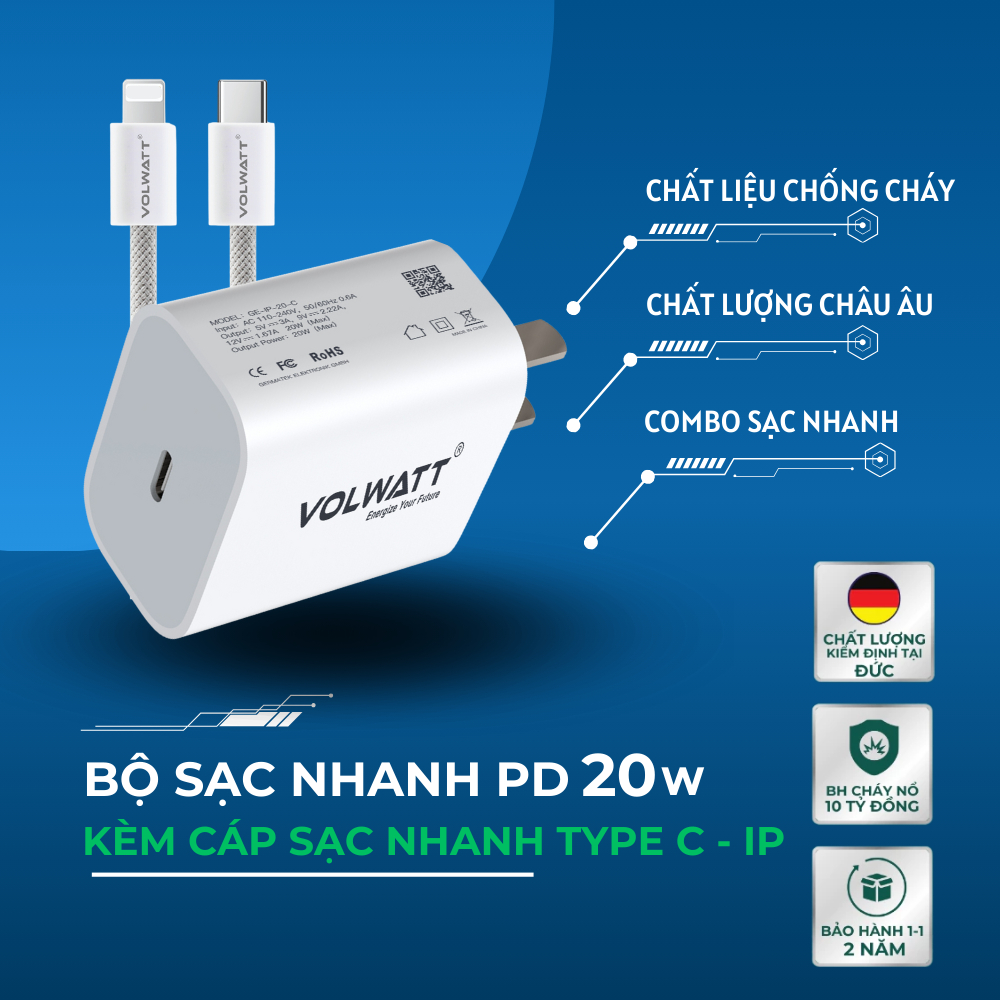 Cáp Sạc Nhanh Chính Hãng Volwatt Chống Cháy Nổ Bảo Hành 12 Tháng Cho Điện Thoại iPhone Android