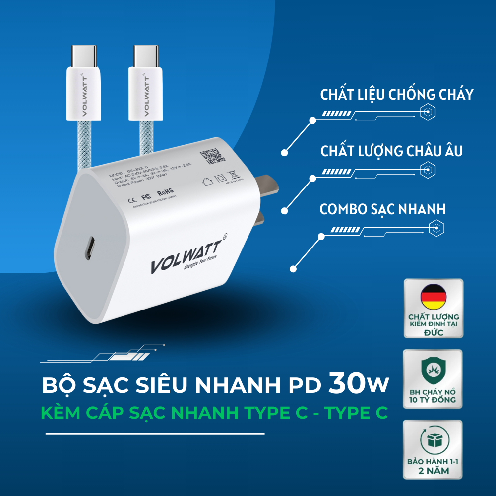 Cáp Sạc Nhanh Chính Hãng Volwatt Chống Cháy Nổ Bảo Hành 12 Tháng Cho Điện Thoại iPhone Android