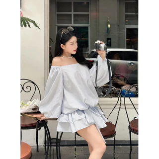 váy trễ vai đi tiệc , váy đi du lịch xinh xắn, set váy kèm quần bảo hộ L145