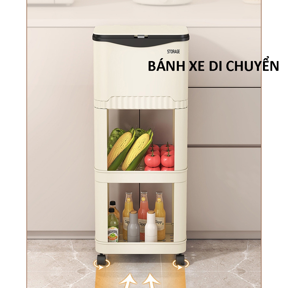 Thùng rác nhà bếp kèm để đồ thùng rác đa năng có bánh xe di chuyển chất liệu nhựa cao cấp