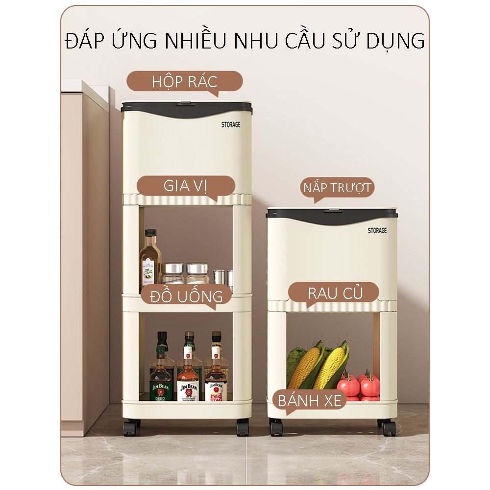 Thùng rác nhà bếp kèm để đồ thùng rác đa năng có bánh xe di chuyển chất liệu nhựa cao cấp