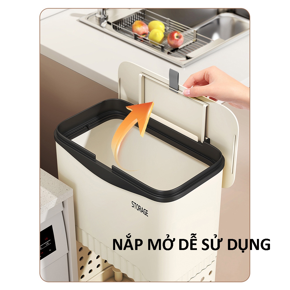 Thùng rác nhà bếp kèm để đồ thùng rác đa năng có bánh xe di chuyển chất liệu nhựa cao cấp
