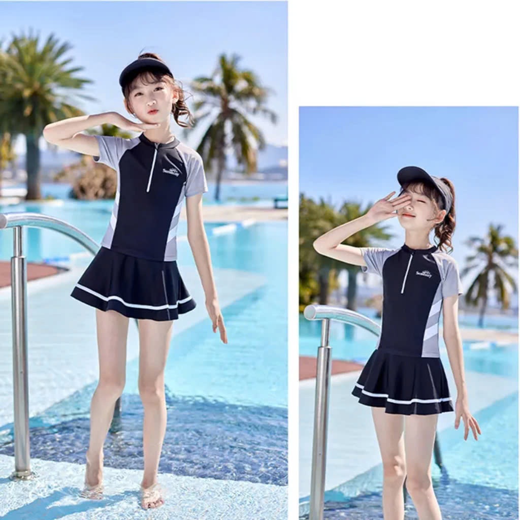 Bộ Bơi Váy Có Khóa Bé Gái, Bộ đồ bơi chân váy kèm quần tromg an toàn cho bé gái 13-65kg