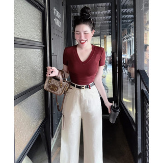 Set bộ áo babytee Cổ tim mix quần jean ống rộng trắng