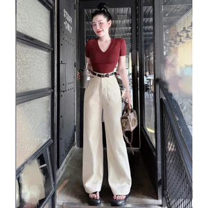 Set bộ áo babytee Cổ tim mix quần jean ống rộng trắng