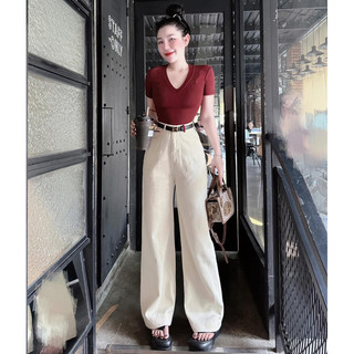 Set bộ áo babytee Cổ tim mix quần jean ống rộng trắng