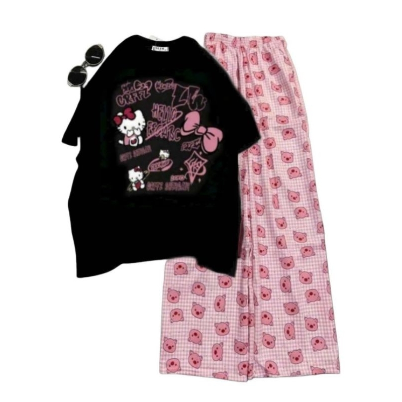 Sét Bộ Đồ Nữ Quần Heo Hồng + Mix Áo Phông  Unisex Form Thụng- Hình Mèo Cute