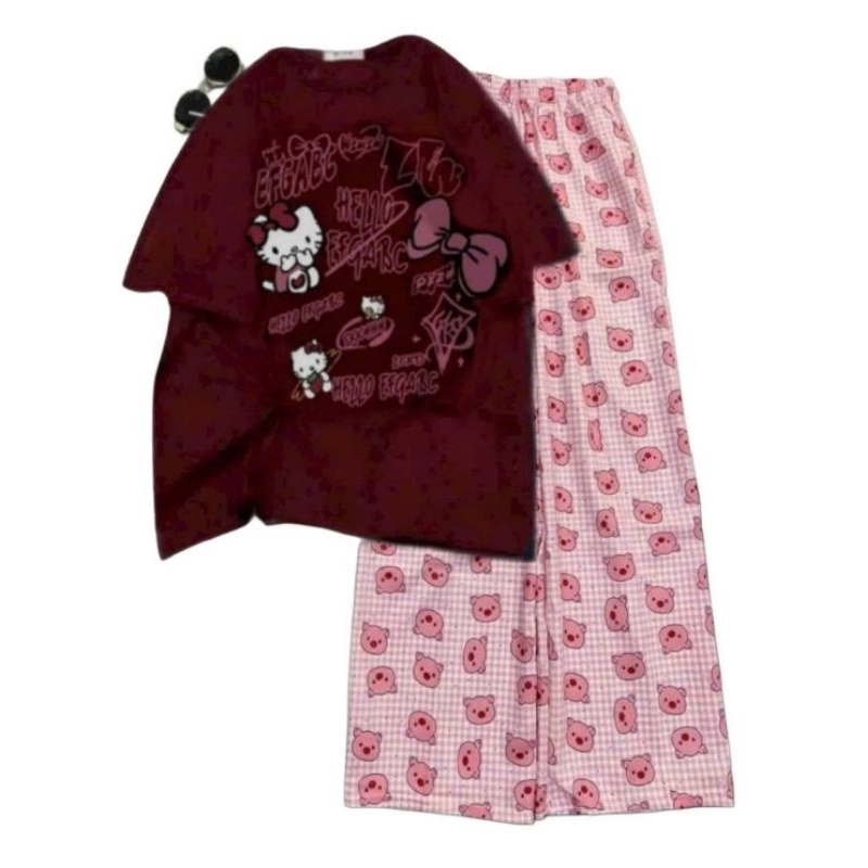 Sét Bộ Đồ Nữ Quần Heo Hồng + Mix Áo Phông  Unisex Form Thụng- Hình Mèo Cute