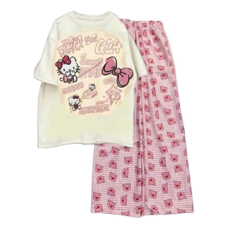 Sét Bộ Đồ Nữ Quần Heo Hồng + Mix Áo Phông  Unisex Form Thụng- Hình Mèo Cute