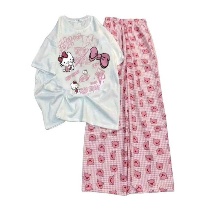 Sét Bộ Đồ Nữ Quần Heo Hồng + Mix Áo Phông  Unisex Form Thụng- Hình Mèo Cute