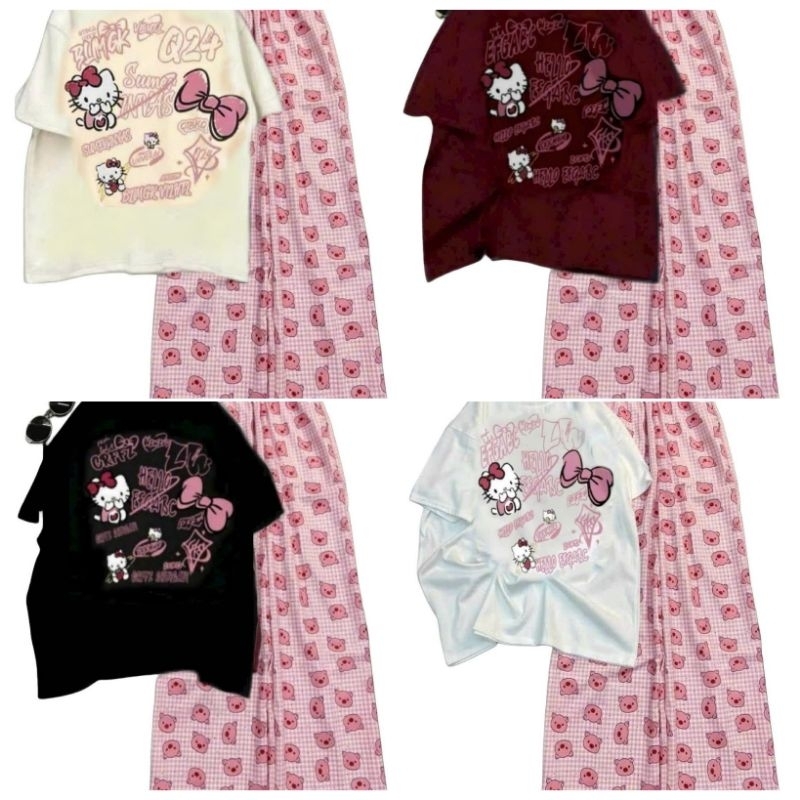 Sét Bộ Đồ Nữ Quần Heo Hồng + Mix Áo Phông  Unisex Form Thụng- Hình Mèo Cute