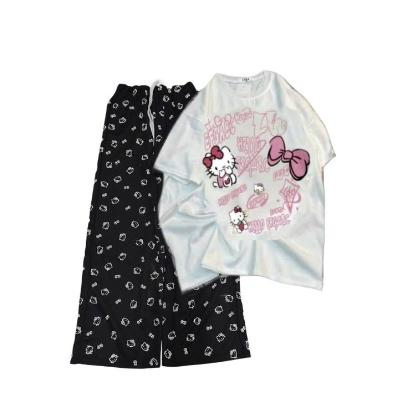 Sét bộ quần ống rộng hình Đầu Mèo + Mix Áo Phông mèo cute Trắng  form rộng tay lỡ