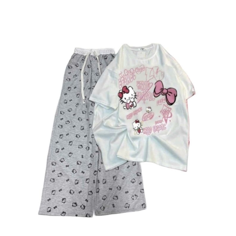 Sét bộ quần ống rộng hình Đầu Mèo + Mix Áo Phông mèo cute Trắng  form rộng tay lỡ