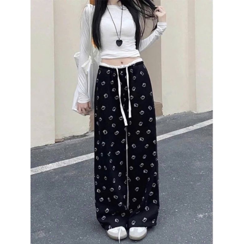 Sét bộ quần ống rộng hình Đầu Mèo + Mix Áo Phông mèo cute Trắng  form rộng tay lỡ
