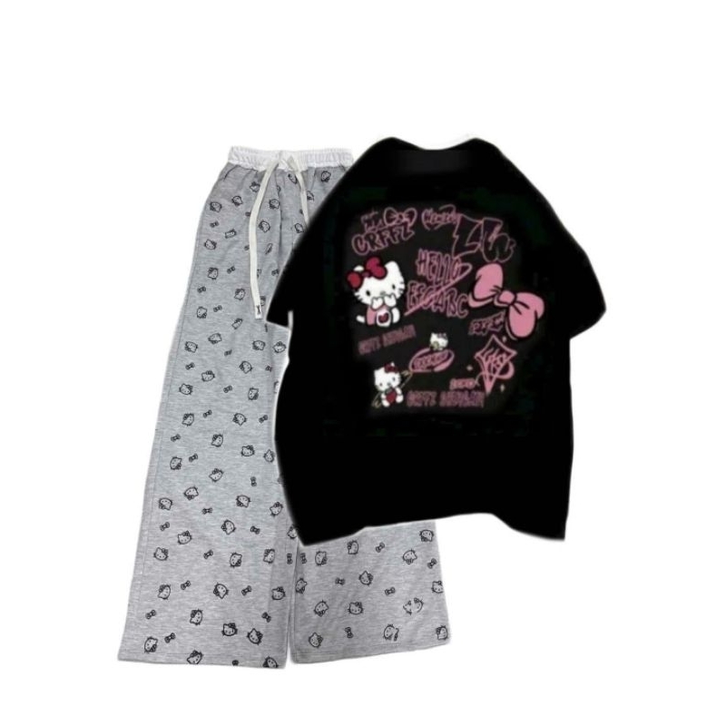 Sét bộ quần ống rộng hình Đầu Mèo + Mix Áo Phông mèo cute Đen  form rộng tay lỡ