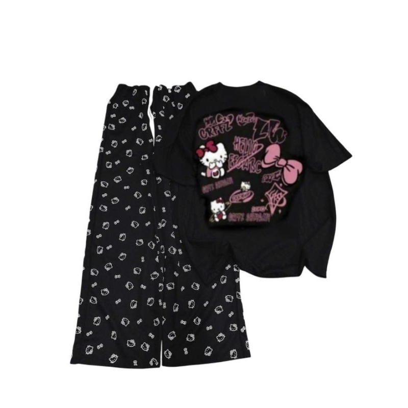 Sét bộ quần ống rộng hình Đầu Mèo + Mix Áo Phông mèo cute Đen  form rộng tay lỡ