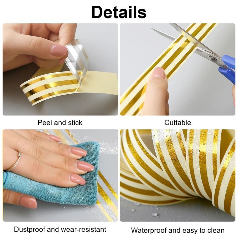 Cuộn chỉ dán viền trang trí nội thất Màu Vàng Đồng,Băng Keo Gạch Sứ Trang Trí, rộng 2.2CM Dài 500CM