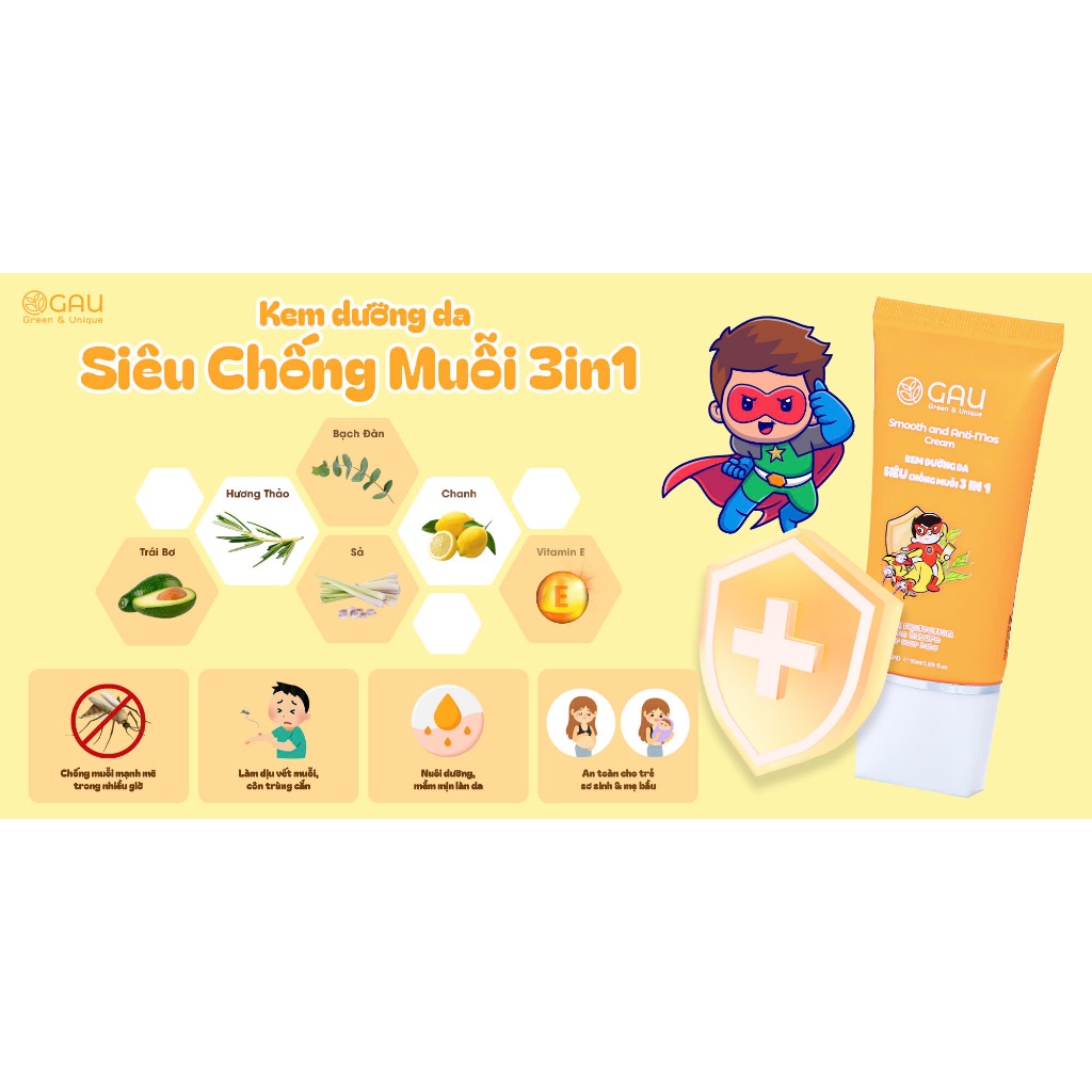 Kem Siêu Đuổi Muỗi Dưỡng da Tránh Hăm Viêm GAU cho Bé Ngăn Muỗi đốt 6 giờ Dịu da Giảm Chàm bé 3 in 1
