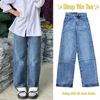 Quần ống xuông đính đá Yến Tee cạp cao 1 cúc chất jeans cao cấp #1005