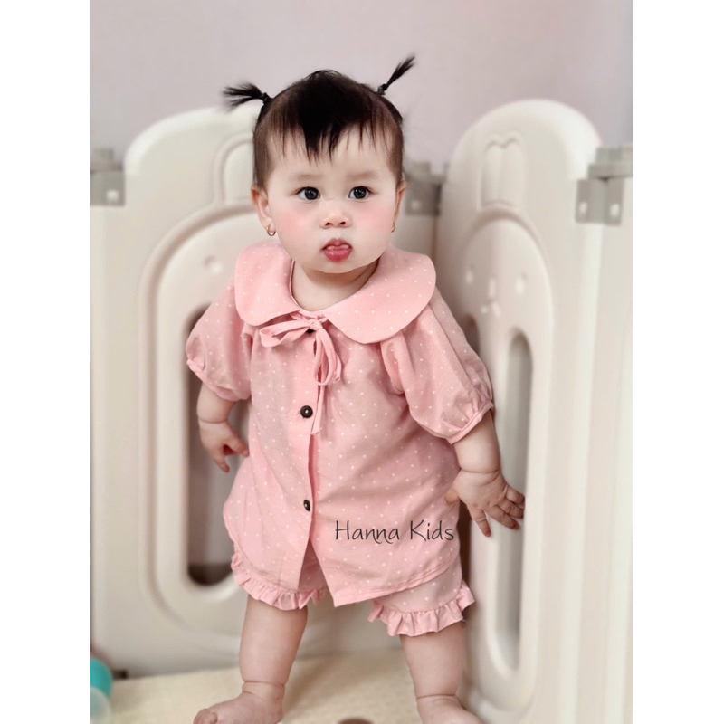 Bộ Cộc Tay Cổ Sen Buộc Nơ Vải Đũi Mềm Mịn Thoáng Mát Cho Bé Nhà Liena'S Closet