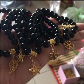 Vòng đá thủy tinh đen 8mm đính charm giả bạc, vàng