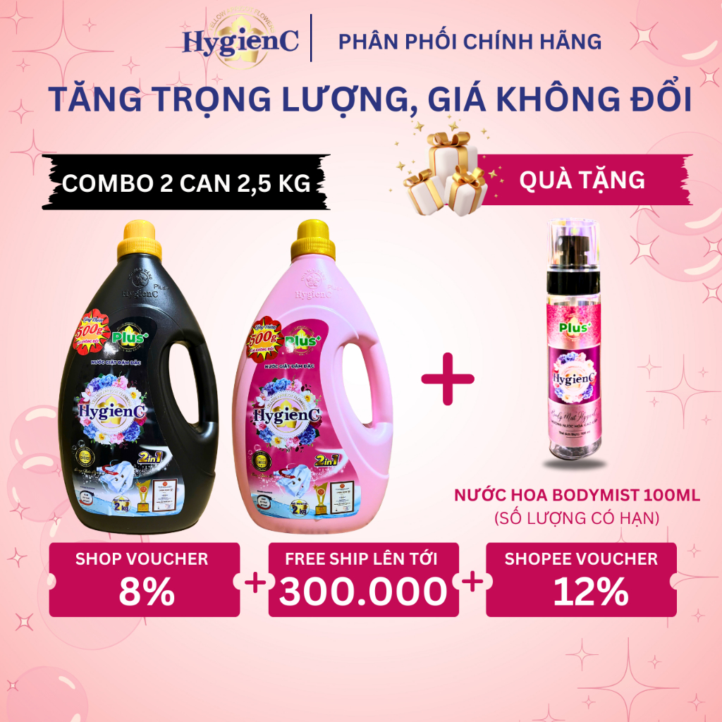 Ảnh Combo 2 Can Nước Giặt Xả Đậm Đặc HygienC Plus 2,5Kg/Can Hương Nước Hoa Làm Sạch Vết Bẩn 1