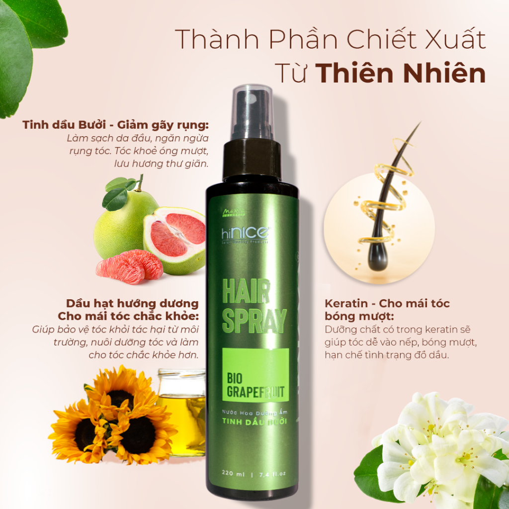 Ảnh Xịt Dưỡng Ẩm Bảo Vệ Tóc Tinh Dầu Vỏ Bưởi hiNICE Hair Spray Bio Grapefruit 4