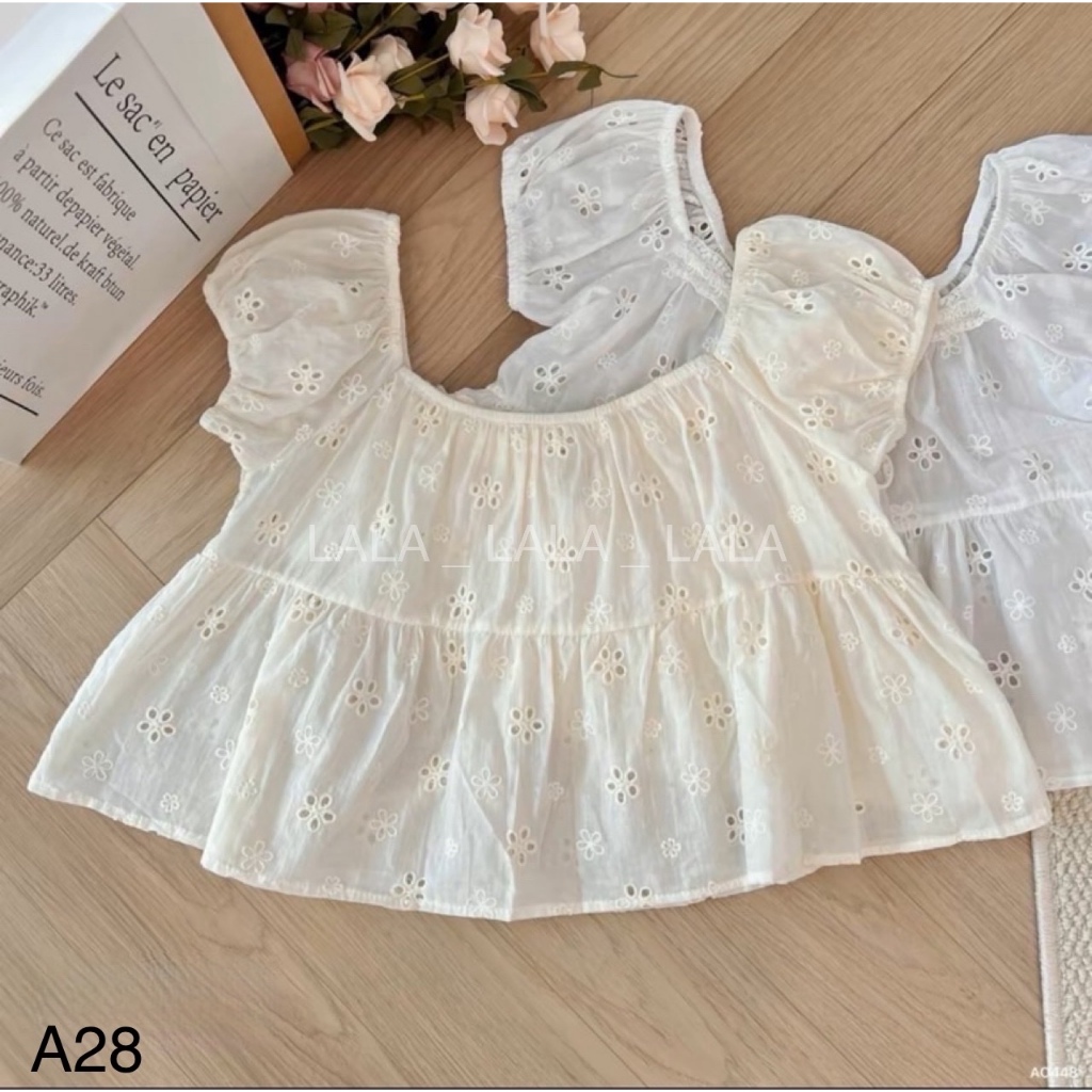 Áo kiểu babydoll dáng ngắn viền cổ thắt nơ dễ thương LALA A28