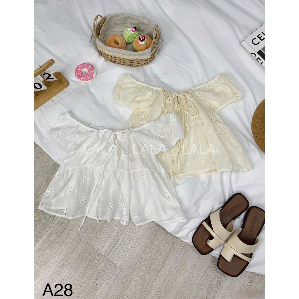 Áo kiểu babydoll dáng ngắn viền cổ thắt nơ dễ thương LALA A28