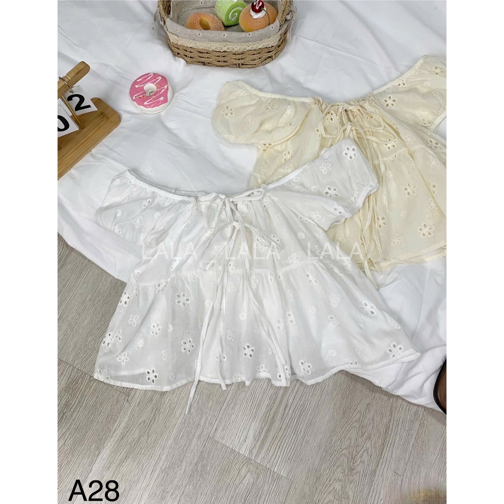 Áo kiểu babydoll dáng ngắn viền cổ thắt nơ dễ thương LALA A28