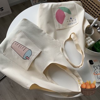 Túi tote túi vải canvas liền thân đeo vai thời trang có ngăn ngoài hoạ tiết đáng yêu đựng vừa a4 - tuic2001