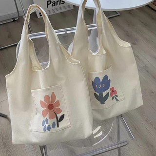 Túi tote túi vải canvas liền thân đeo vai thời trang có ngăn ngoài hoạ tiết đáng yêu đựng vừa a4 - tuic2001