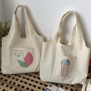 Túi tote túi vải canvas liền thân đeo vai thời trang có ngăn ngoài hoạ tiết đáng yêu đựng vừa a4 - tuic2001