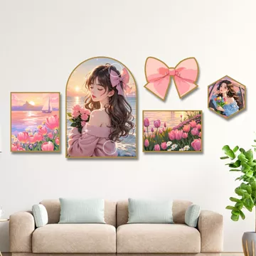 Set 5 tranh decor cô gái và nơ, trang trí phòng ngủ, decor phòng khách hiện đại tranh decor kèm sẵn keo dán Táo Decor.