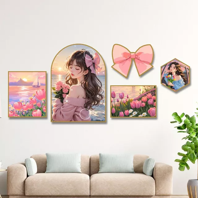 Set 5 tranh decor cô gái và nơ, trang trí phòng ngủ, decor phòng khách hiện đại tranh decor kèm sẵn keo dán Táo Decor.