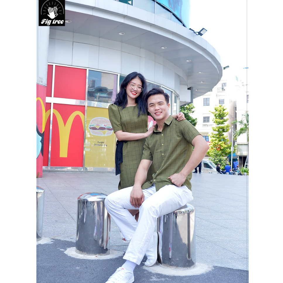 Set Sơ Mi Váy Đôi Fig Tree Caro Xanh Rêu Cho Couple Hẹn Hò, Chụp Hình Siêu Xinh ( Mã Số 164B)