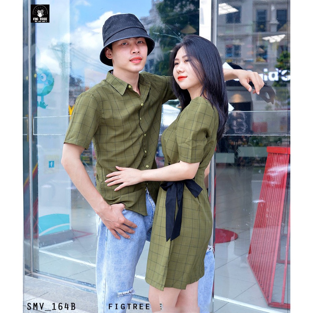 Set Sơ Mi Váy Đôi Fig Tree Caro Xanh Rêu Cho Couple Hẹn Hò, Chụp Hình Siêu Xinh ( Mã Số 164B)