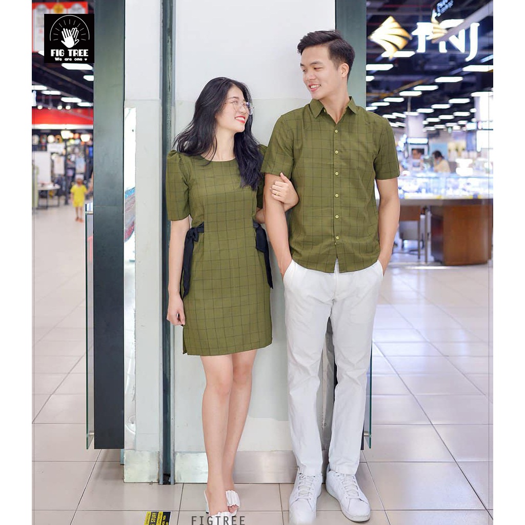 Set Sơ Mi Váy Đôi Fig Tree Caro Xanh Rêu Cho Couple Hẹn Hò, Chụp Hình Siêu Xinh ( Mã Số 164B)