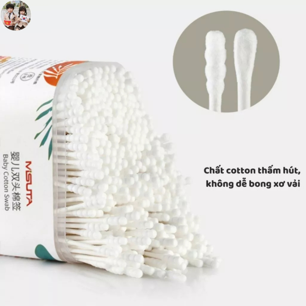 Ảnh Tăm Bông Cho Bé Sơ Sinh MISUTA, Tăm Bông Ngoáy Tai Hộp 400c Chất Liệu Tự Nhiên An Toàn Cho Bé 3